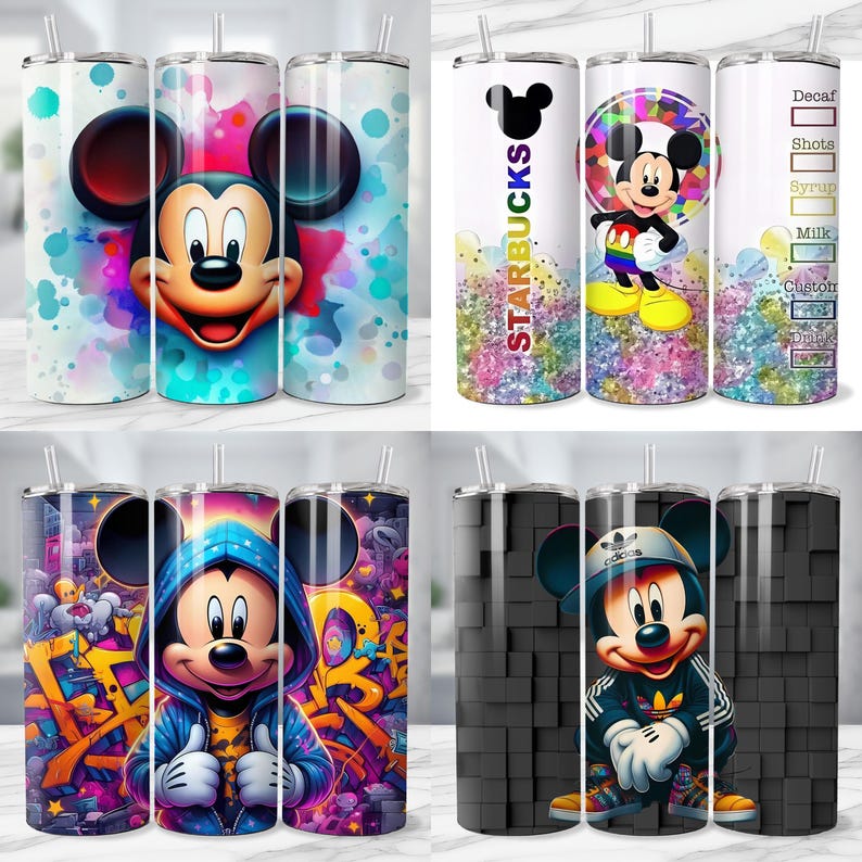 May include: A collection of insulated tumblers featuring Mickey Mouse designs. The tumblers showcase various themes, including a colorful watercolor splash, a Starbucks-themed design, and a graffiti-style design. Each tumbler has a straw and a lid.