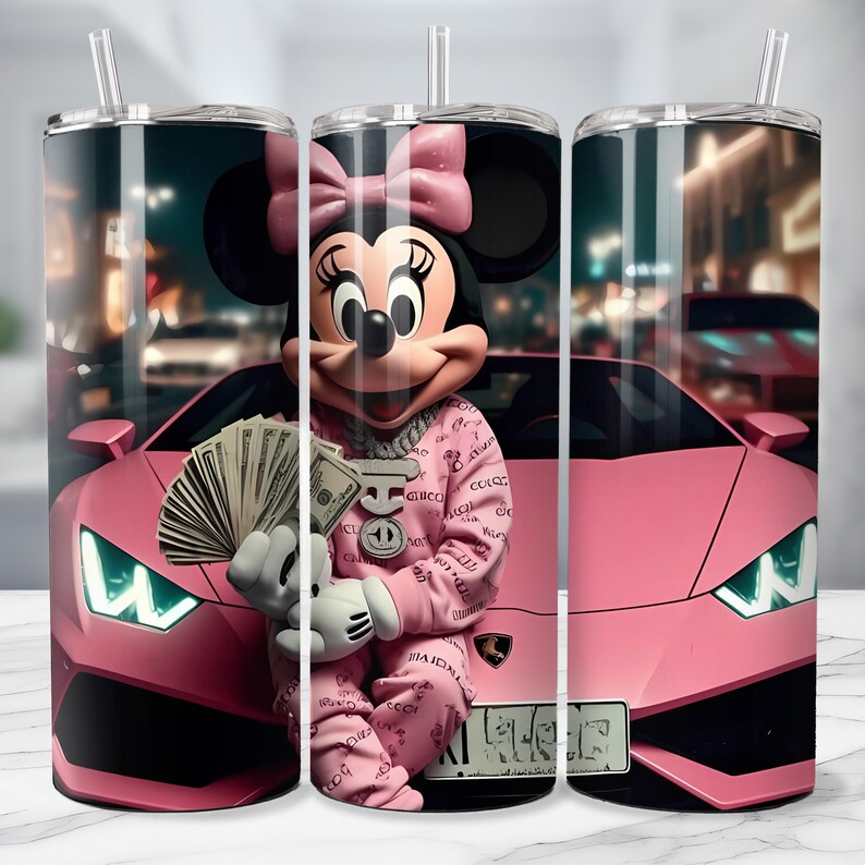 May include: A pink tumbler featuring Minnie Mouse in a pink tracksuit, holding cash, and leaning against a pink sports car. The design includes a straw and a lid, set against a city backdrop.