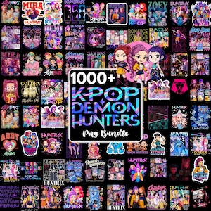 May include: A collection of K-Pop Demon Hunters PNG bundle stickers. The stickers feature colorful anime-style illustrations of characters and text. The central sticker reads "1000+ KPOP DEMON HUNTERS PNG BUNDLE".