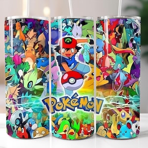 May include: A stainless steel tumbler featuring a colorful design with various Pokémon characters and the Pokémon logo. The design includes Ash Ketchum with a Pokéball. The tumbler has a straw and is suitable for cold beverages.