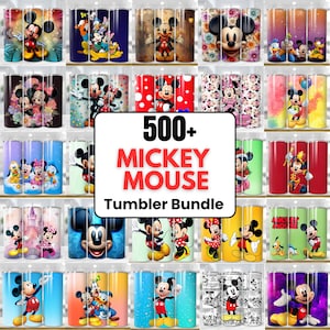 May include: A collection of various tumblers featuring Mickey Mouse and related characters. The tumblers showcase different designs, colors, and patterns, including floral, polka dots, and character illustrations. The text "500+ MICKEY MOUSE Tumbler Bundle" is displayed.