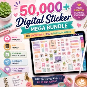 May include: A digital sticker mega bundle featuring 50,000 plus items for Goodnotes, iPad, and digital planners. The display shows a tablet screen filled with colorful icons, including hearts, plants, clocks, and stationery, alongside text labels.