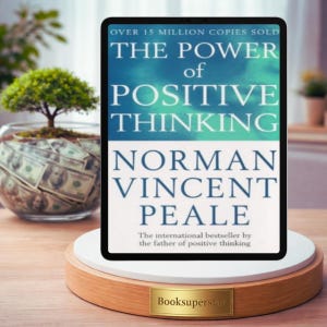 Puede incluir: Una tableta digital muestra el libro "The Power of Positive Thinking" de Norman Vincent Peale. El texto "Over 15 Million Copies Sold" está en la parte superior. La tableta está sobre un pedestal de madera y blanco con una placa dorada "Booksuperstar".