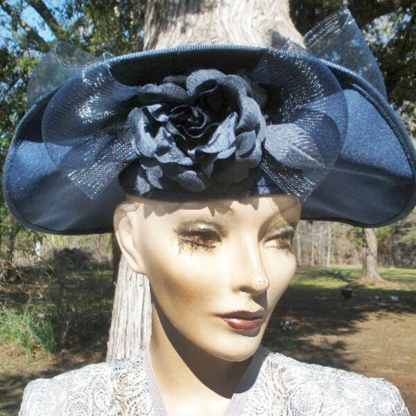 Vintage Navy Blue Felt Wide Brim Huge Bows and Flower Kentucky Derby Wedding Tea Party Tilt