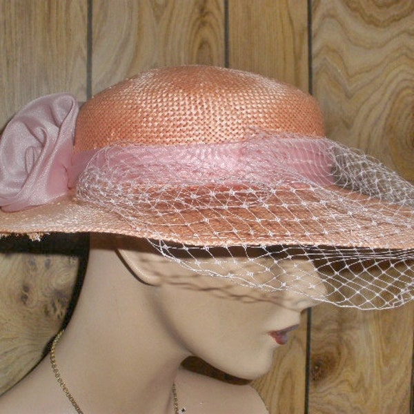 Vintage Church Tea Garden Party Wide Brim PINK Straw 50s 60s Hat Veil Chiffon rose GEORGI