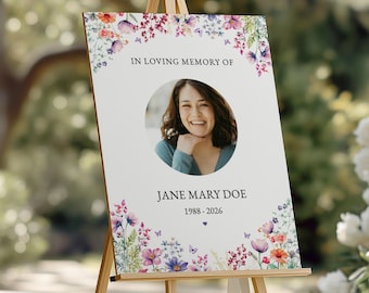 Memorial Welcome Sign With Butterlies and Wildflowers, Floral Editable Template for Funeral, Digital Download for Celebration of Life, VM002