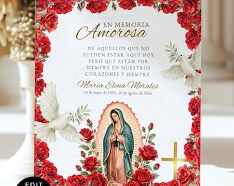 In Loving Memory Sign in Spanish With Roses, Custom Floral Wedding Memorial Sign, Spanish Decor, Virgen de Guadalupe Sign, SF2