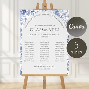 May include: A memorial sign on an easel with a blue floral design border. The sign reads "In Loving Memory of Classmates" with a list of names and the text "High School Name, Class of 19XX". The Canva and 5 Sizes logos are visible.