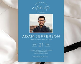Dusty Blue Elegant Minimalist Funeral Invite for Male, Editable Template for Memorial, Celebration of Life, Digital Download, VM007