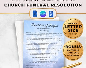 Funeral Resolution Letter for a Church or Memorial Service, Funeral Resolutions Poems, Customizable Templates, In Loving Memory