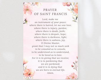 Prayer Cards St Francis of Assisi Printable, Pocket Size & 4x6, Catholic Keepsake Red Floral Watercolor, Digital Download PDF US Letter