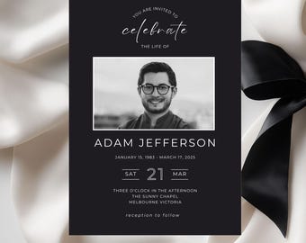Dark Gray Purple Elegant Minimalist Funeral Invite for Male, Editable Template for Memorial, Celebration of Life, Instant Download, VM007