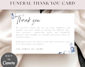 Funeral Thank You Canva Template, Light Blue Floral Card, Memory Tribute, In Loving Memory, Celebration of Life, Canva Editable, VM003