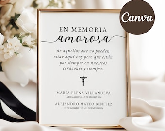 En Memoria Amorosa Sign, In Loving Memory Wedding Sign, Spanish Editable Template in Canva, Digital Download for Memorial Table Decor, ME1