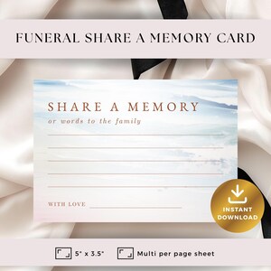 Puede incluir: Una tarjeta de recuerdo funerario con el texto "SHARE A MEMORY" y "or words to the family". La tarjeta tiene un fondo de cielo de acuarela y líneas para escribir. Mide 12,7 cm x 8,9 cm e incluye las palabras "WITH LOVE" en la parte inferior.