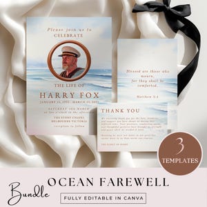 May include: A collection of memorial stationery with an ocean theme. The main card features a portrait in a circular frame, with text that reads "The Life of Harry Fox." Additional cards include a thank you note and a quote. The bundle includes 3 templates.