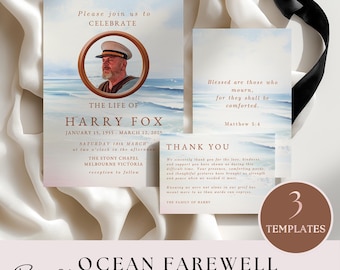 Ocean Funeral Template Bundle, Beach Sunset Celebration of Life Set, Memorial Service Pack, Coastal Funeral Program, Loss of Dad, VM006