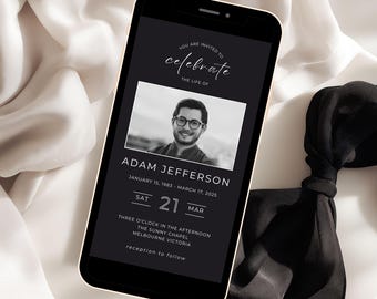 Dark Gray Purple Elegant Minimalist Funeral Evite for Male, Editable Template for Memorial, Celebration of Life, Digital Download, VM007
