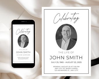 Elegant Funeral Invitation Template, Editable Celebration of Life Card, Digital Memorial Announcement, Instant Download, LDS Funeral, VM091