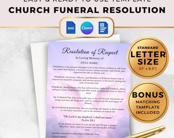 Funeral Resolution Church Letter with Wings, Editable Template for Memorial Service, Grieving Poem, Tribute of Honor