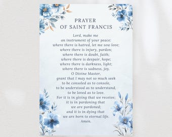 Prayer Cards St Francis of Assisi Printable, Wallet Size & 4x6, Catholic Keepsake Floral Blue Watercolor, Digital Download