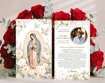 Editable Catholic Spanish Funeral Prayer Card, Keepsake With Virgen de Guadalupe En Memoria Amorosa Tarjeta Oracion Virgin Mary Floral, SF1