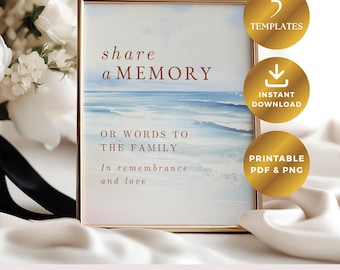 Funeral Sign Printable Share a Memory, Dusty Blue Floral Memorial Table Sign, Celebration of Life, Editable Template,Instant Download, VM006
