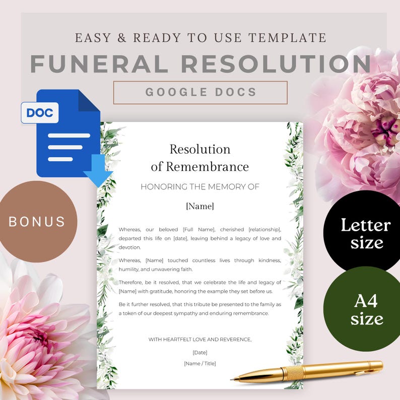 Funeral Resolution Template.pdf Funeral Resolution Letter for Church, Editable Memorial Service ...