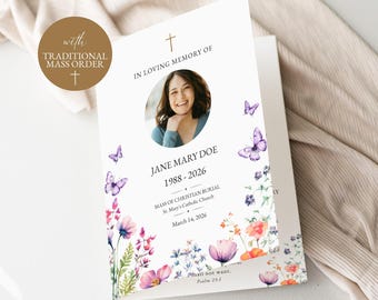 Catholic Funeral Program Template, Purple Butterfly Memorial Booklet, Mass Order of Service, One Page Obituary, Printable Card, VM002