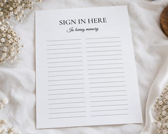 Funeral Sign In Book Sheets, Printable Guest Book for Celebration of Life, Digital Download Remembrance Sheet PDF