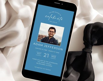 Dusty Blue Elegant Minimalist Funeral Evite for Male, Editable Template for Memorial, Celebration of Life, Digital Download Invite, VM007