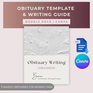 Może przedstawiać: Cyfrowy szablon do pisania nekrologów. Obraz przedstawia białe, teksturowane tło z tekstem "Obituary Template & Writing Guide" i "Obituary Writing Guide & Template". Zawiera dodatkową podpowiedź AI. Opcje Canva i Google Docs.