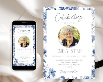 Blue Funeral Invitation For Celebration Of Life Ceremony, Elegant Memorial Service Announcement, Floral Cards, Canva Template, VM003