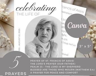 Memorial Prayer Cards | 5 Classic Funeral Quotes | Prayer of St. Francis | Editable Canva Template | Printable Remembrance Cards | VM0011