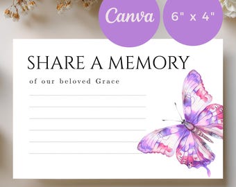 Share a Memory Card | Purple Butterfly Memorial Template | Funeral Memory Editable | Canva Printable | VM002