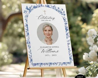 Funeral Welcome Sign Blue Flowers, Celebration of Life Decor, Memorial Sign, Funeral Poster, In Loving Memory, Digital Canva Template, VM003