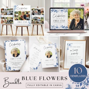 May include: A collection of 10 templates with blue floral designs, including memorial posters, a laptop display, and printed cards. The templates feature the text "Celebrating the Life of Emily Star."