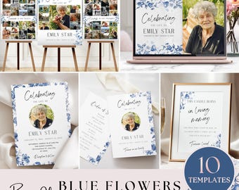Dusty Blue Floral Funeral Bundle Template, Memorial Package Bundle, Celebration of Life Set, Editable Funeral Program Obituary Bundle, VM003