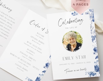 Light Blue Floral Funeral Program, One Page Obituary, Canva Booklet Simple, Editable Celebration Of Life Bi-Fold Layout, VM003
