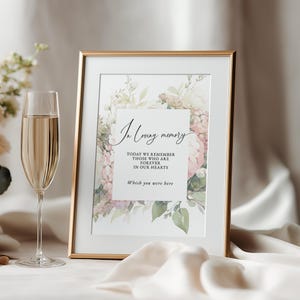 May include: A gold-framed vertical sign featuring a floral watercolor background with pink and white flowers. The text reads: In Loving memory, TODAY WE REMEMBER THOSE WHO ARE FOREVER IN OUR HEARTS, Whish you were here. A champagne flute stands nearby.