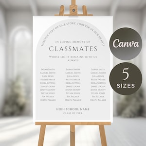 In liefdevolle herinnering aan onze klasgenoten, herdenkingsbord middelbare schoolreünie, afdrukbaar sjabloonbord voor klasreünie, klasgenoten voor altijd eren