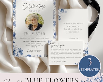 Light Dusty Blue Floral Funeral Bundle, Editable Celebration of Life Template, Simple Elegant Set, Memorial Service Pack, Loss of Mom, VM003