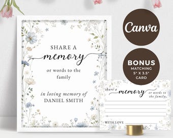 Funeral Share a Memory Sign and Card Bundle, Floral Editable Memorial Favor, Canva Template for Celebration of Life, Printable Keepsake, ME1