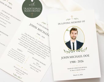 Traditional Catholic Funeral Program, Editable Mass Template With Cross, Digital Download, Order of Service, Memorial Booklet, Ivory & Sage