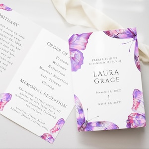 Purple Butterfly Funeral Program| Editable Celebration Of Life Bi-Fold Layout| Canva Memory Memorial Template | VM002