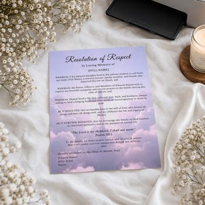 May include: A rectangular Resolution of Respect memorial document printed on a light purple background featuring a soft cloud design. The text includes the title Resolution of Respect, In Loving Memory of, and Psalm 23:1, The Lord is my shepherd.