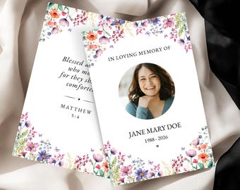 Funeral Prayer Card Template Canva Editable, Prayer Card with Wildflowers, Funeral Keepsake with Butterflies, Printable 4"x6", VM002