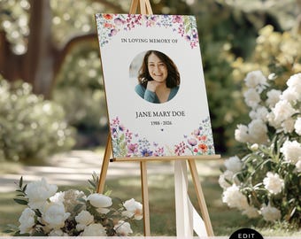 Memorial Welcome Sign With Butterlies and Wildflowers, Floral Editable Template for Funeral, Digital Download for Celebration of Life, VM002