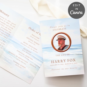 May include: A memorial service program featuring a portrait of a man in a sailor's hat, set against a beach scene. The program includes the text "Please join us to CELEBRATE THE LIFE OF HARRY FOX" and obituary details. The Canva logo is visible.