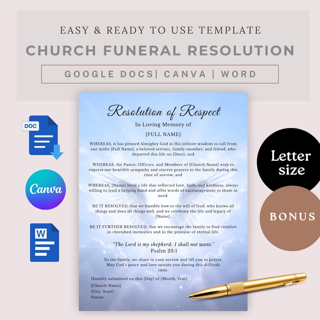 Funeral Resolution Letter for a Church or Memorial Service, Funeral ...